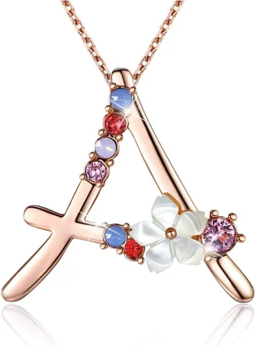 Collar Gemmance de flor, con inicial, de amatista, rosa, rubí rojo, ópalo azul, perla sintética, con nombre, de joyería, hecha con cristales de