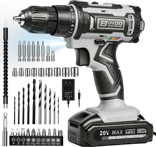 Miniatura 11 de Purple 20V Cordless Drill Electric Drill set, Electric Screwdriver with 2 Batteries & Charger, 3/8" Keyless Chuck, 25+1 Torque 2-Speed Hammer Drill