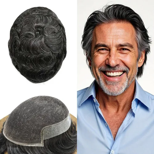 Miniatura 80 de LYRICAL HAIR Sistema de cabello humano con encaje frontal francés para hombres, tupé de piel de polietileno para hombres, línea capilar natural