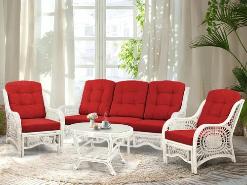 Miniatura 12 de Malibu Lounge Juego de 4: 2 sillas de mimbre de ratán natural, sofá de tres plazas con cojines marrón claro y mesa de centro con vidrio hecho a