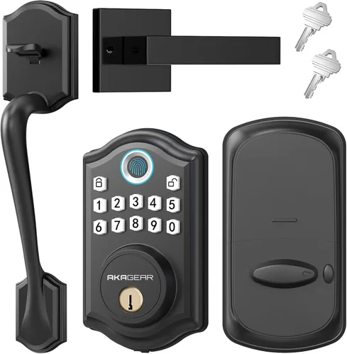 AkaGear DS10 Cerradura de Puerta de Entrada sin Llave con Juego de Manija - Cerrojo de Huella Dactilar, Cerrojo de Teclado Electrónico, Cerraduras