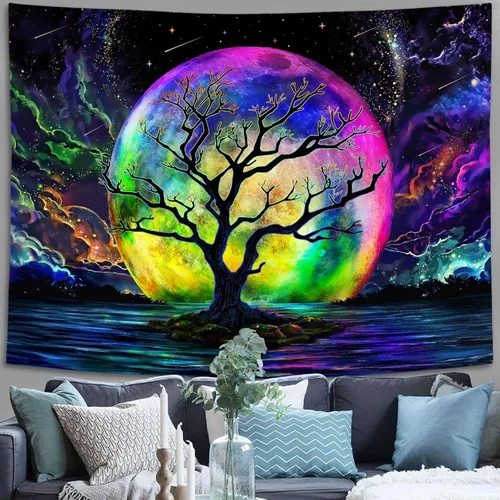 Miniatura 9 de Faxdong Tapiz de luna con luz negra, reactivo a los rayos UV, árbol lago, colorido estrellado, noche estrellada, galaxia, nubes espaciales, tapiz