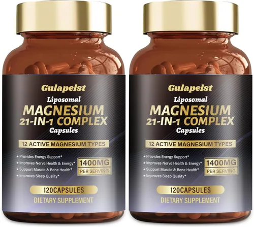 2 paquetes de cápsulas de complejo de magnesio liposomal de 1400 mg (citrato, glicinato, malato, etc.), 12 tipos activos de magnesio con vitamina