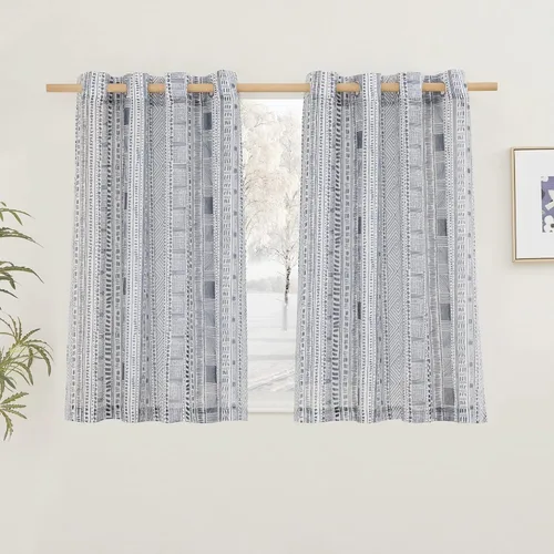 Miniatura 40 de NICETOWN Cortinas bohemias de lino transparente para sala de estar, cortinas semitransparentes de granja con patrón de rayas bohemias, cortinas Gris