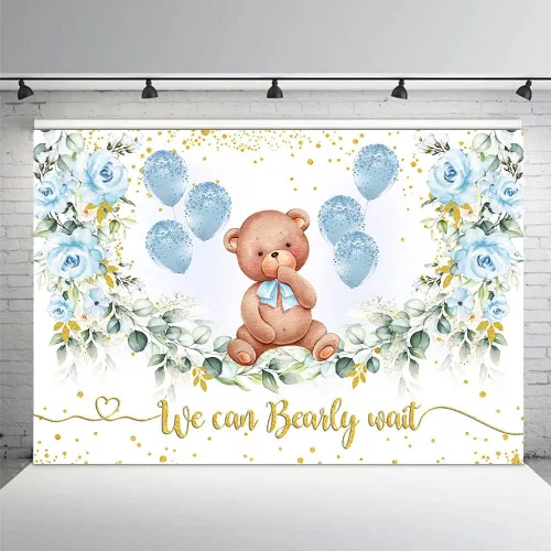 MEHOFOND Fondo de fiesta de baby shower de oso de 7 x 5 pies, fondo azul floral para fotografía, puntos dorados con purpurina, globos azules bebé,