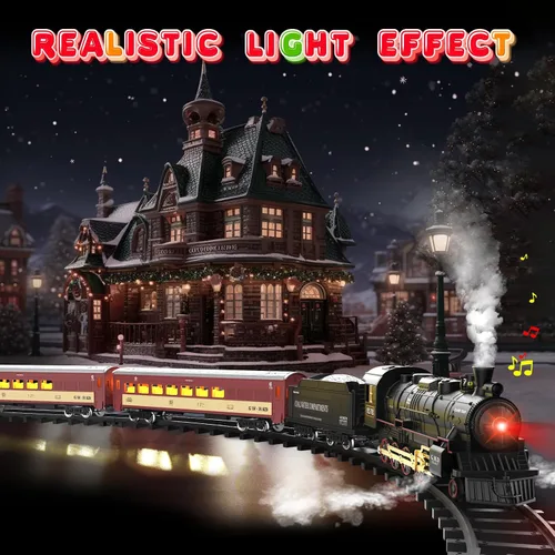 Miniatura 6 de Conjunto de Tren Hot Bee para Niños, Juego de Tren de Navidad con Control Remoto con Locomotora de Vapor, Coches de Pasajeros Ligeros y Pistas
