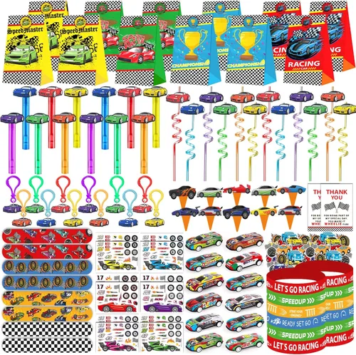 PLOUGVI 232 piezas de regalos de fiesta de cumpleaños de autos de carreras, suministros de decoración de bolsas de regalo, relleno de piñata,