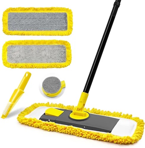 Trapeador de polvo con almohadillas de microfibra y chenilla, mopa plana seca y húmeda para limpiar madera dura, azulejos, vinilo, cocina, baño,