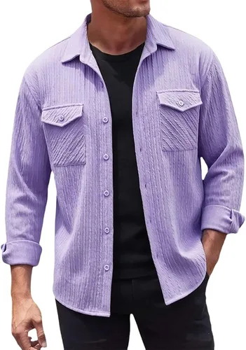 Miniatura 31 de Camisas con botones para hombre, casual, de manga larga, con cuello jacquard, texturizada, ligera, sobrecamisa, sobrecamisa