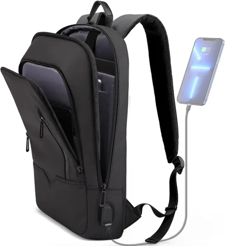 Mochila hk para Hombre de Negocios, Mochila Delgada con Cargador USB, Mochila para Computadora, Ligera, Antirrobo, para Viaje, Negro, 15,6 pulg.,
