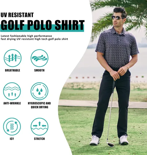 Miniatura 4 de AOTORR Camisas de golf para hombre, ajuste regular, absorben la humedad, estampado de rendimiento de manga corta para hombre
