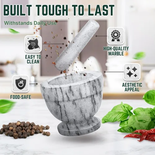 Miniatura 3 de Flexzion Juego de mortero y mortero, blanco – Molcajete de granito pesado sólido de 4 pulgadas molcajete trituradora de piedra para guacamole