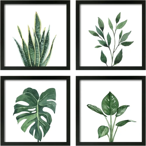 ArtbyHannah Decoración de pared de baño enmarcada, arte de pared botánico con impresión de plantas verde salvia para decoración de dormitorio, Negro