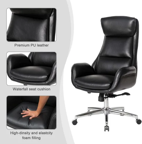 Miniatura 7 de Glitzhome Mid-Century Modern Air Leatherette Silla de oficina giratoria ajustable con respaldo alto, color negro