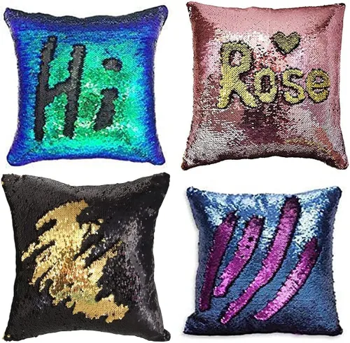 Miniatura 16 de MOCOFO Fundas de almohada decorativas de lentejuelas mágicas reversibles 16x16-2 de plata a oro + 2 de oro a negro de ante premium para habitación 4
