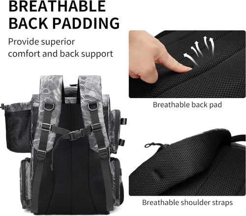 Miniatura 6 de Rabjen Mochila de aparejos de pesca con soportes para caña, soporte para botellas, bolsa de almacenamiento, tienda de equipo de pesca Camuflaje Negro