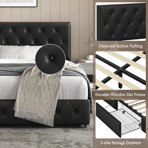 Miniatura 5 de Topeakmart Base de cama de plataforma tapizada tamaño Queen con cabecera ajustable en altura y 3 cajones de almacenamiento, base de colchón de piel