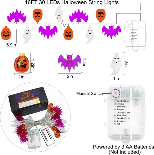 Miniatura 5 de Zimati Luces decorativas de Halloween, 16 pies, 30 LED, impermeables, 3D, calabaza, murciélago, fantasma, funciona con pilas, con temporizador, 8