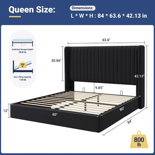 Miniatura 2 de Allewie Marco de cama de almacenamiento elevable, sistema de soporte hidráulico, marco de cama tapizado con plataforma para almacenamiento inferior