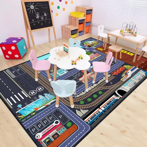 Miniatura 6 de Car Road - Alfombra de juegos para niños, 5 x 7 pies, alfombra de coche para niños y niños, educativa de tráfico urbano, alfombra de juego lavable