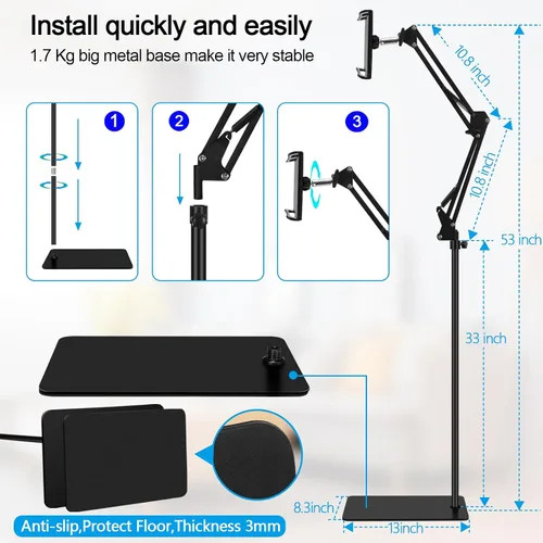 Miniatura 7 de Soporte de suelo para tablet con base de doble peso, soporte para teléfono de cama superior ajustable en altura / soporte elástico para tableta