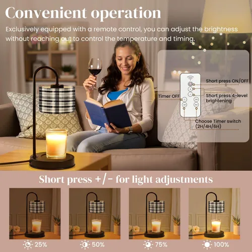 Miniatura 5 de Lámpara calentadora de velas con temporizador y atenuador, tartán a cuadros blancos y negros sin costuras, adecuado para calentador de cera