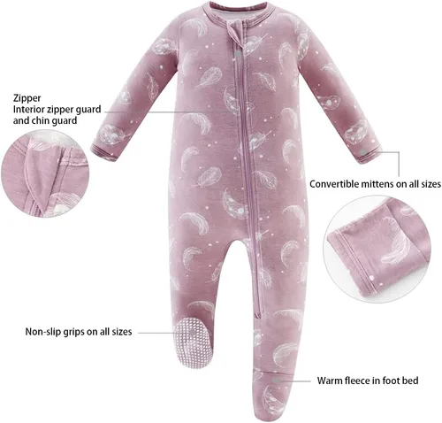 Miniatura 5 de Owlivia Pijama de bambú para bebé y niña, con cremallera frontal antideslizante