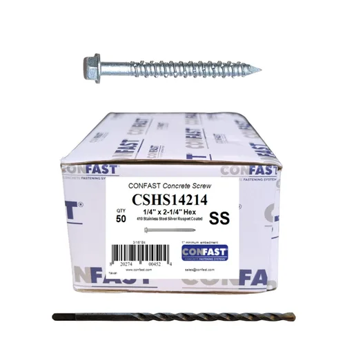 Miniatura 11 de CONFAST Tornillos de concreto de 1/4" x 1-3/4" de acero inoxidable 410, hexagonales, con broca para cemento para anclaje a mampostería, bloque