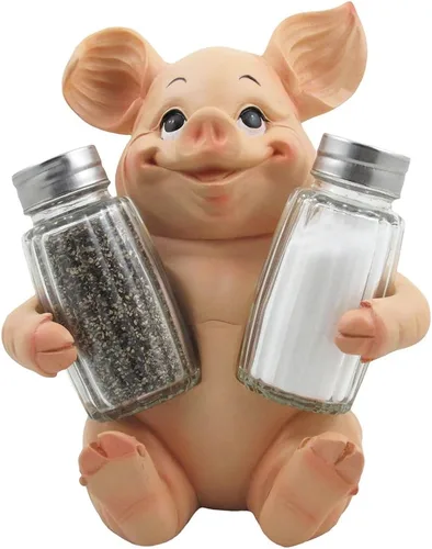 Juego de salero y pimentero decorativo de cristal de cerdo con soporte en figuras de animales de granja, esculturas y estatuas o decoración rústica