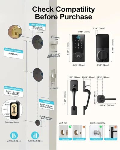Miniatura 7 de Cerradura inteligente WiFi con asa, cerradura de puerta WiFi integrada, cerrojo de entrada sin llave para puerta delantera, huellas dactilares