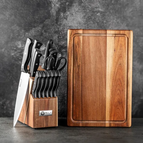 Juego de cuchillos de cocina de madera para cocina con bloque de cuchillos de acero inoxidable, 16 piezas y tabla de cortar con ranura, asas negras