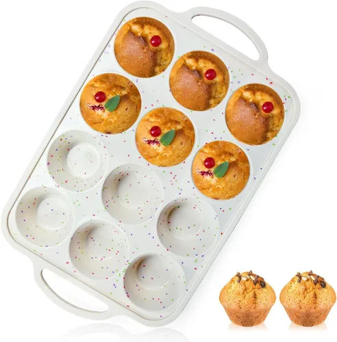 Miniatura 16 de Vinino Molde de silicona en forma de corazón para magdalenas con marco reforzado de metal, paquete de 1 molde para cupcakes, molde de silicona