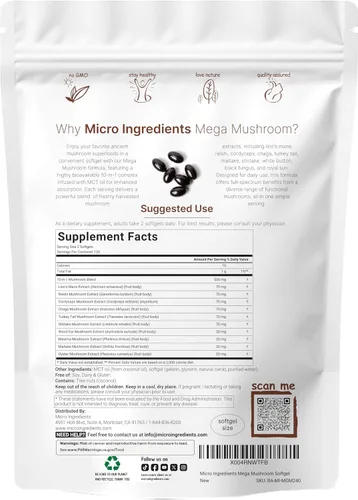 Miniatura 2 de Suplemento de mega hongos 240 cápsulas blandas con aceite MCT para una mejor absorción Complejo definitivo 10 en 1 con chaga, melena de león