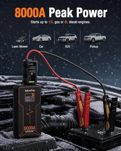 Miniatura 2 de Arrancador de batería de coche de 8000 A, batería portátil de 12 V para motores diésel de hasta 13L de gasolina/8L, abrazadera de pantalla