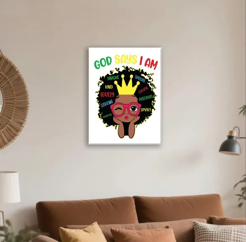 Miniatura 2 de Redland Art Decoración de Pared Motivacional para Niñas Negras en Lienzo Enmarcado Arte Cristiano Inspirador “Dios Dice Que Soy Yo” 29x37 cm