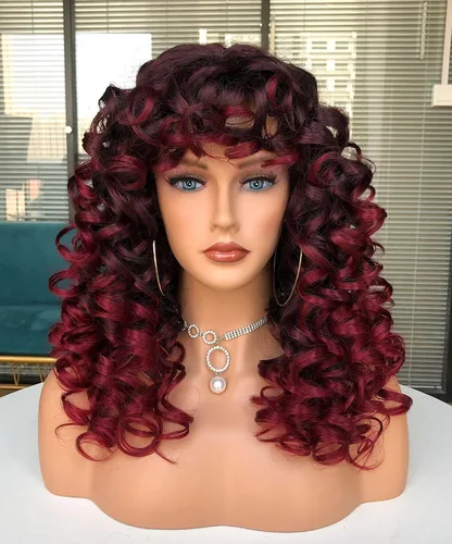 Miniatura 15 de Pelucas afro rizadas para mujeres negras, peluca larga y rizada con flequillo, fibra sintética esponjosa, sin pegamento, para cosplay y uso diario