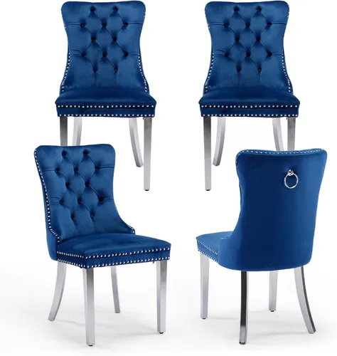 Miniatura 112 de Juego de 4 Sillas de Comedor de Terciopelo Tapizadas con Capitoné, Sillas Laterales de Cocina con Ribete de Tachuelas y Patas Chapadas en Oro