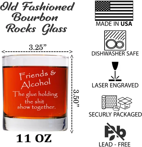 Miniatura 2 de Friends & Alcohol The Glue Holding This Shit Show Together - Vaso de whisky grabado de 11 onzas grabadas a la antigua usanza, regalos sarcásticos