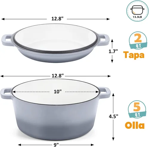 Miniatura 2 de TeamFar Horno holandés de hierro fundido esmaltado de 5 cuartos de galón, olla holandesa 2 en 1 con tapa de sartén para hornear pan, estofado, Gris