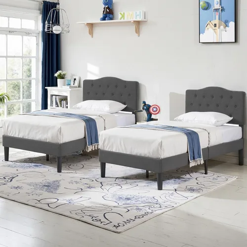 Miniatura 8 de VECELO Armazón de Cama Tamaño Individual Plataforma Tapizada con Cabecera Ajustable Acolchada/Base de Colchón con Soporte de Listones de Madera, Gris