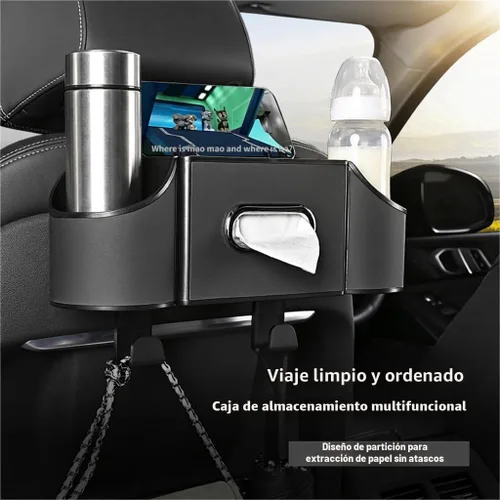Miniatura 6 de Organizador de asiento trasero de automóvil, organizador de automóvil 4 en 1, asiento trasero con portavasos y caja de pañuelos, organizador de Negro