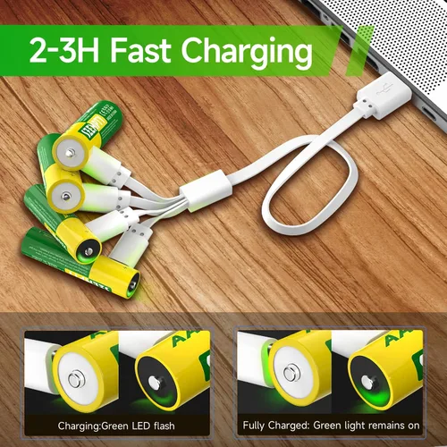 Miniatura 3 de Paquete combinado de baterías recargables AA y AAA, 1.5 V USB-C de litio doble A 3400 mWh y triple A de 900 mWh con cable 4 en 1 de carga rápida