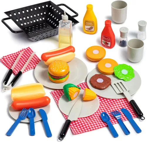 27 piezas de juego de parrilla de barbacoa para niños, juguete de parrilla de barbacoa de patio trasero, juego de juguetes de parrilla para niños