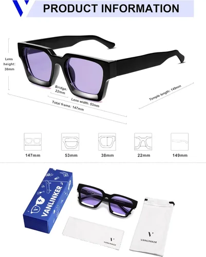 Miniatura 82 de VANLINKER Gafas de sol cuadradas gruesas para hombres y mujeres, retro, rectangulares, con protección UV400, VL9731