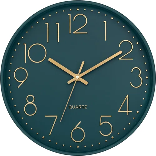 Reloj de pared Lumuasky, moderno, analógico, silencioso, sin tictac, decorativo, de esmeralda, funciona con pilas, para escuela, oficina, aula, Verde