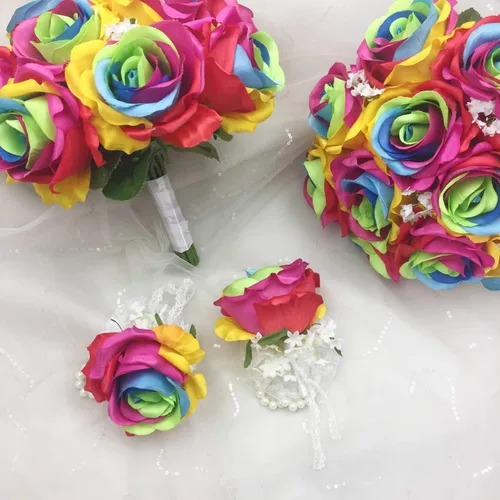 Miniatura 7 de Ramo de flores de rosa arcoíris de seda ramillete de muñeca