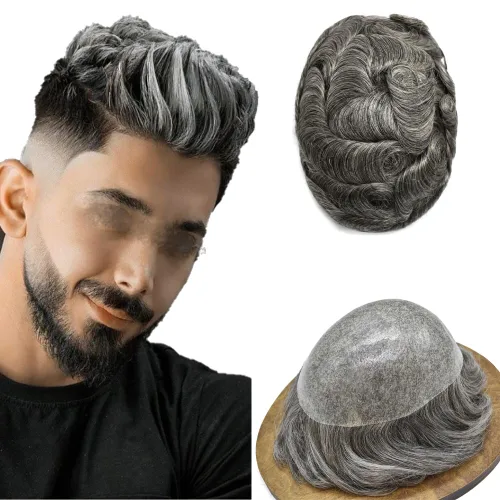 Miniatura 78 de Toupee para hombres Sistema de reemplazo de cabello humano real duradero invisible para hombre Toupee Hair Piece para hombres Poly Men Sistema