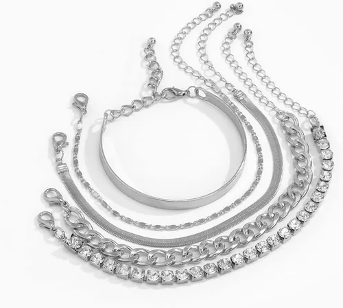 Miniatura 3 de fxmimior Juego de 5 pulseras apilables de cadena dorada y plata con diamantes de imitación para mujer, con cuentas ajustables, cadena de cable plano