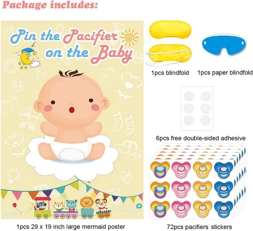Miniatura 5 de Hxezoc Pin The Pacifier On The Baby Game - Póster grande para fiesta de baby shower, suministros de fiesta de cumpleaños para niños, 72 calcomanías