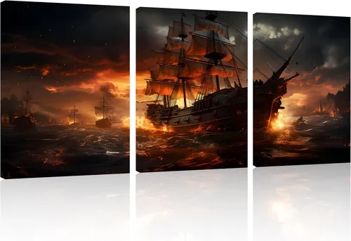 Miniatura 28 de TutuBeer 3 Piezas Arte de Pared Batalla Naval Barco Imagen Barco Pirata Velero Póster Barco Pirata Azul en Llamas Imagen Impresa en Lienzo Póster
